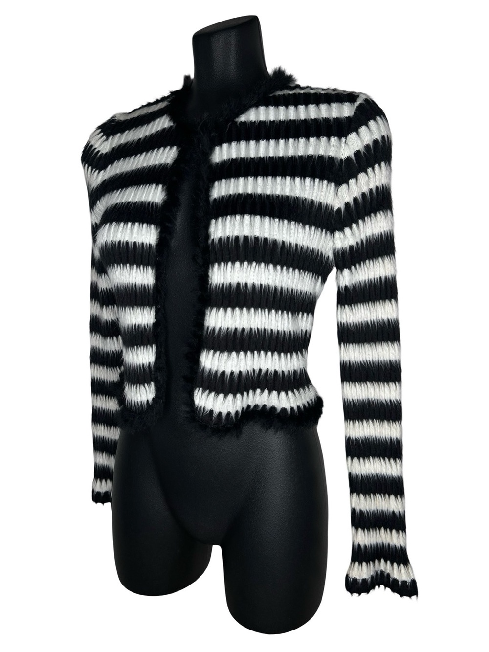 Vintage Y2K Joseph Ribkoff Black & White Striped Fuzzy Trim Cardigan